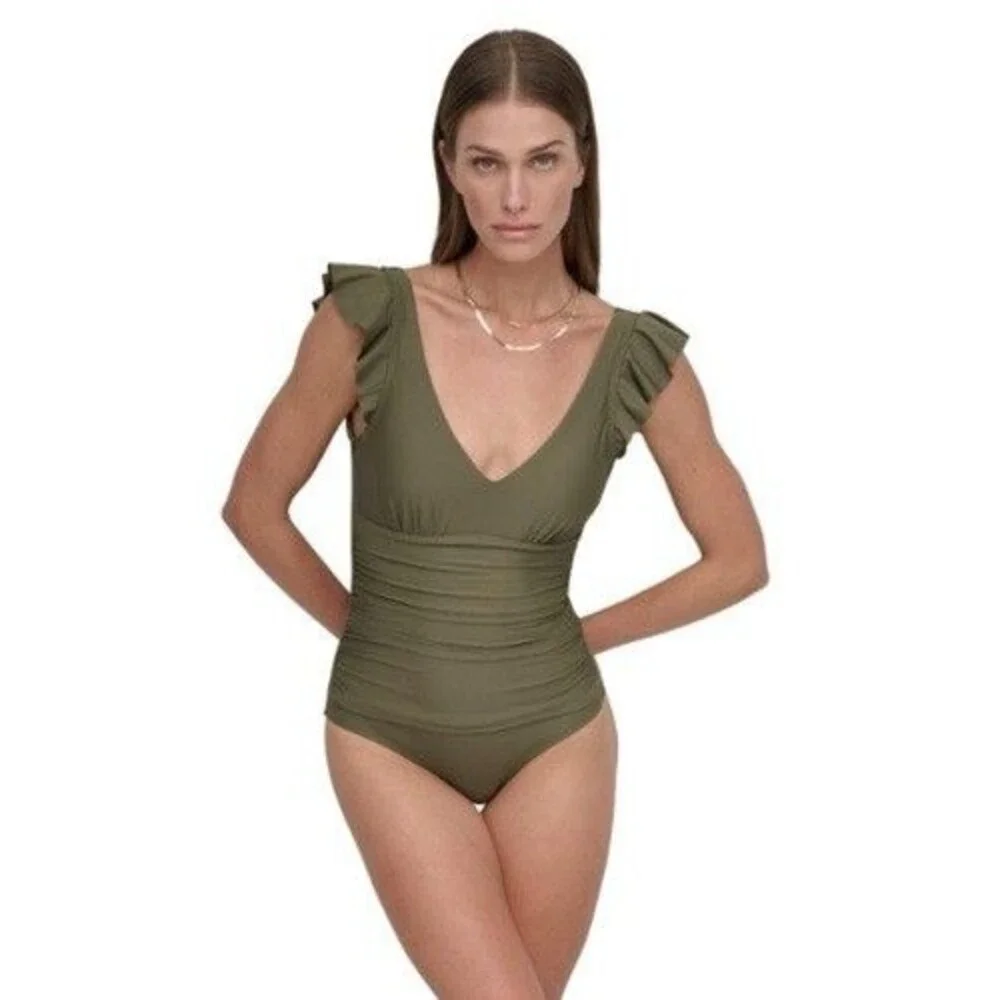 DKNY Women's Ruffle Shoulder V-Neck One Piece Swimsuit Green XS NWT